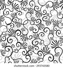 Curlicue monochrome vector seamless pattern with stylized flowers