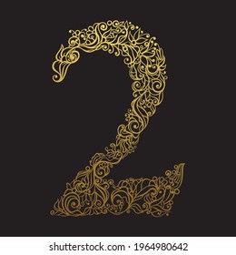 Curling alphabet. Number 2. Vector illustration. Typographic vector element for design. Digit zero with cyrly lines floral. Typography design for posters, logos, cover, etc.
