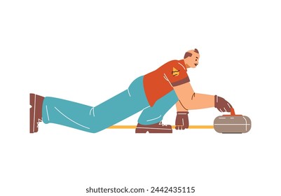 Curling atleta entregando piedra. Ilustración vectorial que muestra la habilidad y el enfoque requeridos en el deporte de hielo para materiales promocionales.