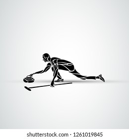 Curling athlete isolated vector silhouette. Woman curler vector