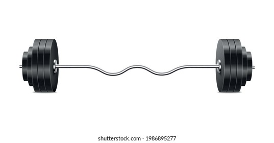 Curling Bar Barbell With Black Weight Plates And Curved Silver Profile - Realistic, Gym Fitness Training Equipment. Isolated Vector Illustration Of Easy Curl Barbell.