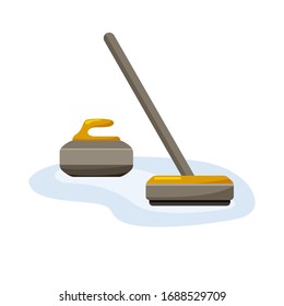 Curling broom rubs ice to make stone roll. Color flat illustration of sport winter game. Granite stone with yellow handle and long stick with icepad. Isolated vector on white background