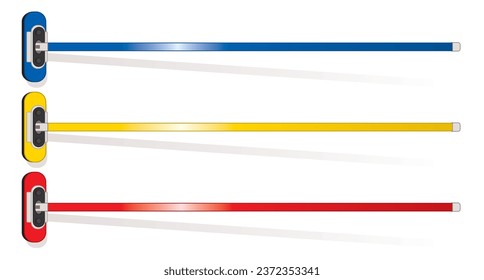 curling brooms blue, yellow and red viewed from above isolated on white