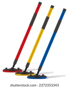 curling brooms blue, yellow and red isolated on white background