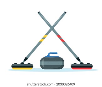 Curling brooms and stone set. Winter ice Sport equipment for curling game. Flat icon vector illustration.