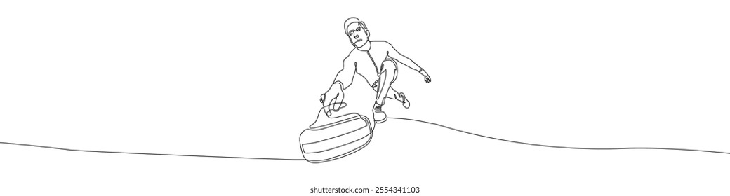 Curling continuous line drawing vector illustration. Man launches a granite stone at a curling. Editable stroke