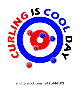 Curling ist Cool Day Event Banner. Eine Sportart, die Eislauftechniken mit Bowling- und Shuffleboard-Techniken kombiniert, mit feinem Text auf weißem Hintergrund, der am 23. Februar gefeiert wird