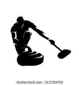 Curling, Curler Dias Stein, einzelne Vektorsilhouette, Tintenzeichnung. Logo des Wintersportsportlers, Draufsicht