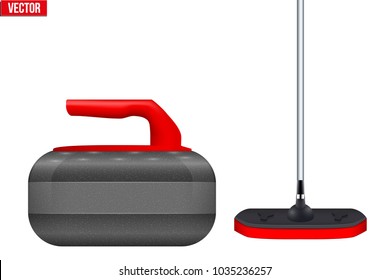 Curling Equipment. Broom and stone for curling. Vector Illustration isolated on white background.