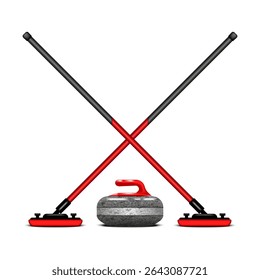 Curling equipment kit with crossed red and black brooms and textured granite stone, isolated realistic 3d vector illustration for winter sport competition, olympics ice game design poster or banner.