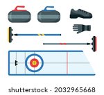 Curling equipment set. Collection of elements for curling game. Sport ice rink or House, stones, broom, shoe and glove. Flat vector icons illustration.