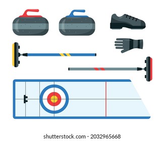 Curling equipment set. Collection of elements for curling game. Sport ice rink or House, stones, broom, shoe and glove. Flat vector icons illustration.
