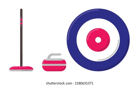 Curling equipment. Vector set of the curling stone, broom, and target. Winter sport. 