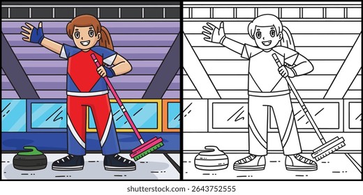 Curling feminino segurando a ilustração da vassoura 