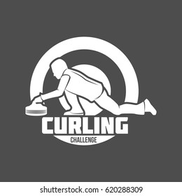 Curling game logo, emblem and design elements. Retro design of monochrome badge. Winter sports collection