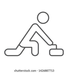 Curling game thin line icon, sport and winter, curler athlete sign, vector graphics, a linear pattern on a white background, eps 10.