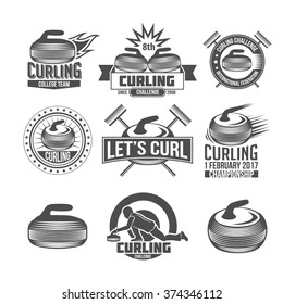 Curling game vintage badges set. Winter sports. Retro logo design. Old school sport logotypes. 