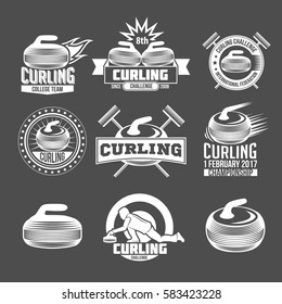 Curling game vintage badges set. Winter sports. Retro logo design. Old school sport logo. Monochrome badges.