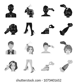 Curling hair, high heels and other web icon in black,monochrome style. A pack of cigarettes, a bottle of champagne in hand icons in set collection.