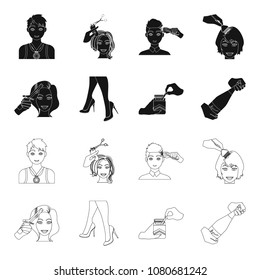Curling hair, high heels and other web icon in black,outline style. A pack of cigarettes, a bottle of champagne in hand icons in set collection.