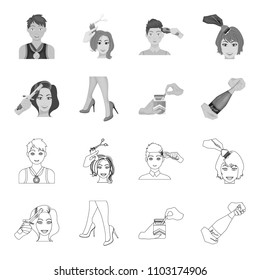 Curling hair, high heels and other web icon in outline,monochrome style. A pack of cigarettes, a bottle of champagne in hand icons in set collection.