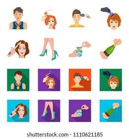 Curling hair, high heels and other web icon in cartoon,flat style. A pack of cigarettes, a bottle of champagne in hand icons in set collection.