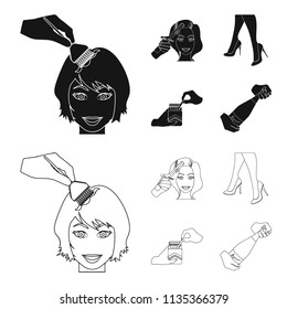 Curling hair, high heels and other web icon in black,outline style. A pack of cigarettes, a bottle of champagne in hand icons in set collection.