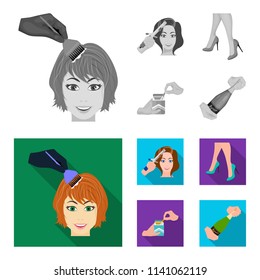 Curling hair, high heels and other web icon in monochrome,flat style. A pack of cigarettes, a bottle of champagne in hand icons in set collection.