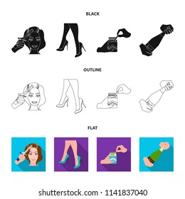 Curling hair, high heels and other web icon in black,flat,outline style. A pack of cigarettes, a bottle of champagne in hand icons in set collection.