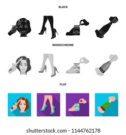 Curling hair, high heels and other web icon in black, flat, monochrome style. A pack of cigarettes, a bottle of champagne in hand icons in set collection.