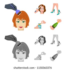 Curling hair, high heels and other web icon in cartoon,monochrome style. A pack of cigarettes, a bottle of champagne in hand icons in set collection.