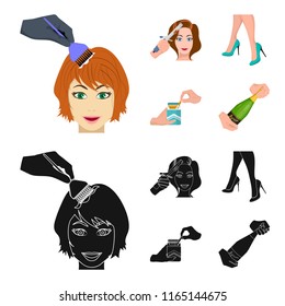 Curling hair, high heels and other web icon in cartoon,black style. A pack of cigarettes, a bottle of champagne in hand icons in set collection.
