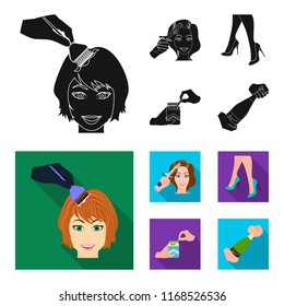 Curling hair, high heels and other web icon in black,flat style. A pack of cigarettes, a bottle of champagne in hand icons in set collection.