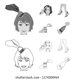 Curling hair, high heels and other web icon in outline,monochrome style. A pack of cigarettes, a bottle of champagne in hand icons in set collection.