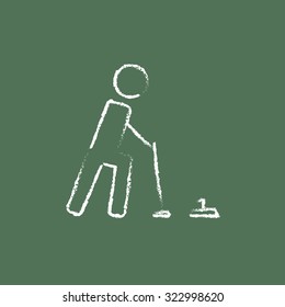 Curling hand drawn in chalk on a blackboard vector white icon isolated on a green background.