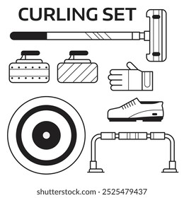 Iconos de curling en el arte de la línea Equipo de deportes de invierno que incluye escoba, piedra, zapatos y otros Elementos. Artículos esenciales para deportes de hielo.