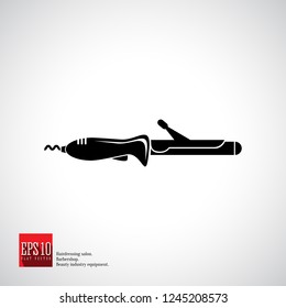 Curling iron black isolated vector icon. Hairdresser, fashion salon and barber sign collection equipment.
