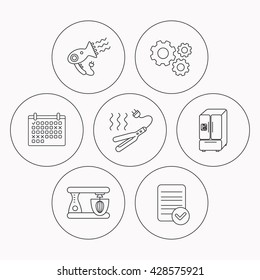 Curling iron, hair dryer and blender icons. American style fridge linear sign. Check file, calendar and cogwheel icons. Vector