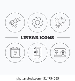 Curling iron, hair dryer and blender icons. American style fridge linear sign. Flat cogwheel and calendar symbols. Linear icons in circle buttons. Vector