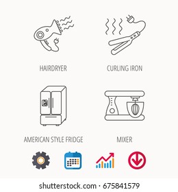 Curling iron, hair dryer and blender icons. American style fridge linear sign. Calendar, Graph chart and Cogwheel signs. Download colored web icon. Vector