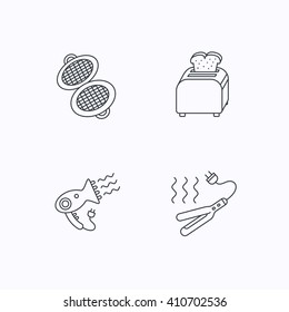 Curling iron, hair-dryer and toaster icons. Waffle-iron linear sign. Flat linear icons on white background. Vector