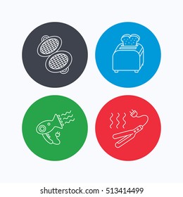 Curling iron, hair-dryer and toaster icons. Waffle-iron linear sign. Linear icons on colored buttons. Flat web symbols. Vector