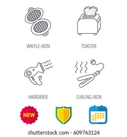 Curling iron, hair-dryer and toaster icons. Waffle-iron linear sign. Shield protection, calendar and new tag web icons. Vector