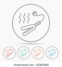Curling iron icon. Hairstyle electric tool sign. Linear circle icons.