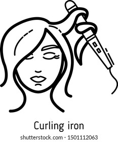 Curling iron  line icon. Woman face. Hair care routine. Hairstyle use  for online shop, beauty salon, spa or blogger, hairdresser story highlights. Isolated on white background.