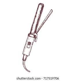 Curling iron on white background, sketch illustration. Vector