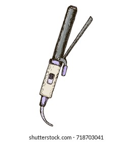Curling iron on white background, sketch illustration. Vector
