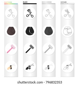 Curling irons, curl hair, shaving machine, hairdresser cuts hair. Hairdresser set collection icons in cartoon black monochrome outline style vector symbol stock illustration web.