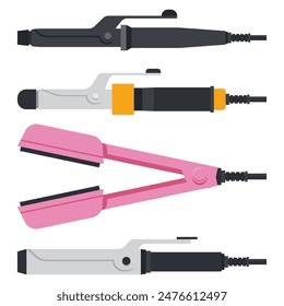 Planchas de rizo para el conjunto de dibujos animados de Vector de pelo aislado sobre un fondo blanco.