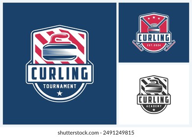 Plantilla de diseño deportivo de logotipo de curling, Vector de emblema deportivo de curling, Ilustración vectorial de diseño de insignia de logotipo de juego de curling